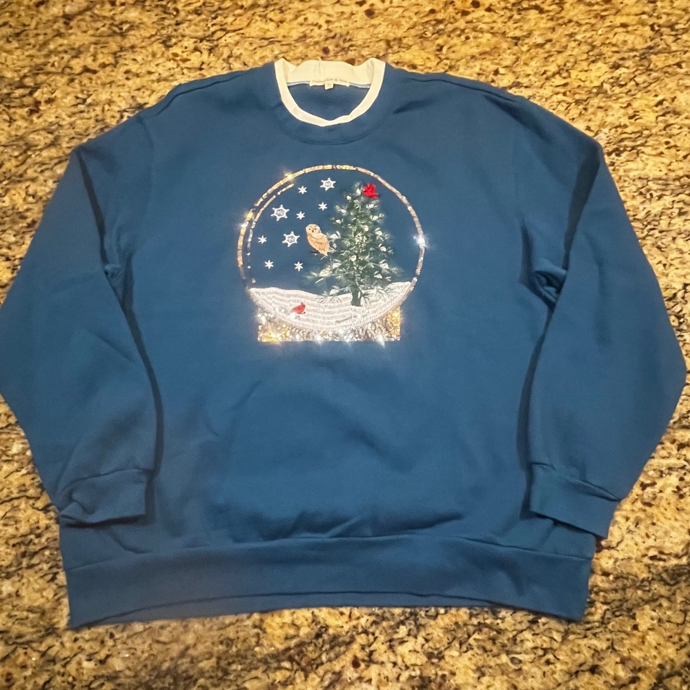 Margaux & Lexi Womens XL Christmas Snow Globe Sequin Sweatshirt Blue Owl Tree